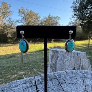 Genuine Turquoise Oval Drop Sterling Earrings